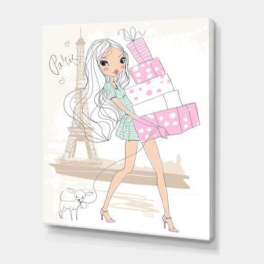 Designart - Young Girl With Shopping Boxes In Paris - Shabby Chic Canvas Wall Art Print